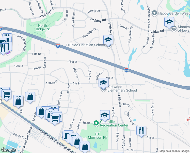 map of restaurants, bars, coffee shops, grocery stores, and more near 1010 16th Avenue in Coralville