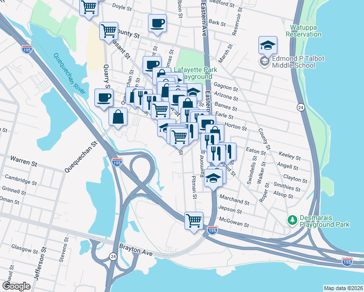 map of restaurants, bars, coffee shops, grocery stores, and more near 131 Choate Street in Fall River
