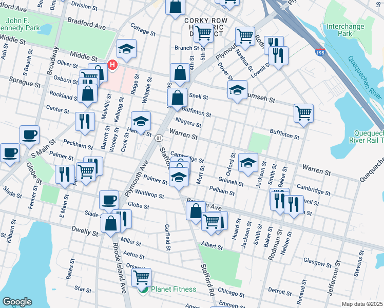 map of restaurants, bars, coffee shops, grocery stores, and more near 161 Foster Street in Fall River