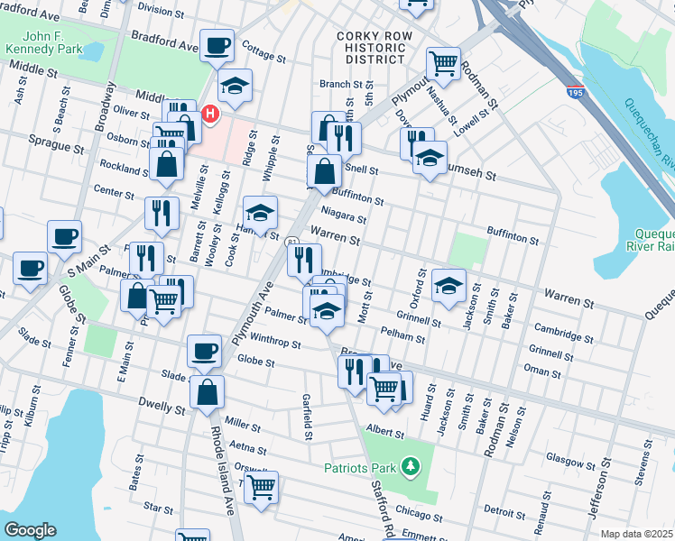 map of restaurants, bars, coffee shops, grocery stores, and more near 70 Coral Street in Fall River