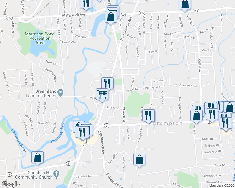 map of restaurants, bars, coffee shops, grocery stores, and more near 11 Nestor Street in West Warwick