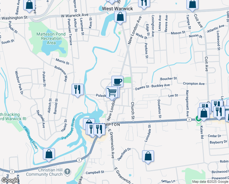 map of restaurants, bars, coffee shops, grocery stores, and more near 38 Manchester Street in West Warwick