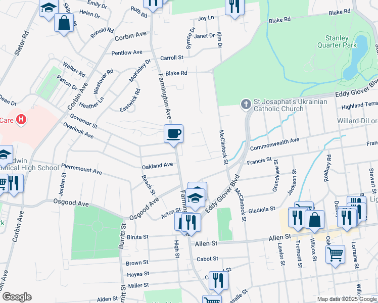 map of restaurants, bars, coffee shops, grocery stores, and more near 27 Cynthia Court in New Britain