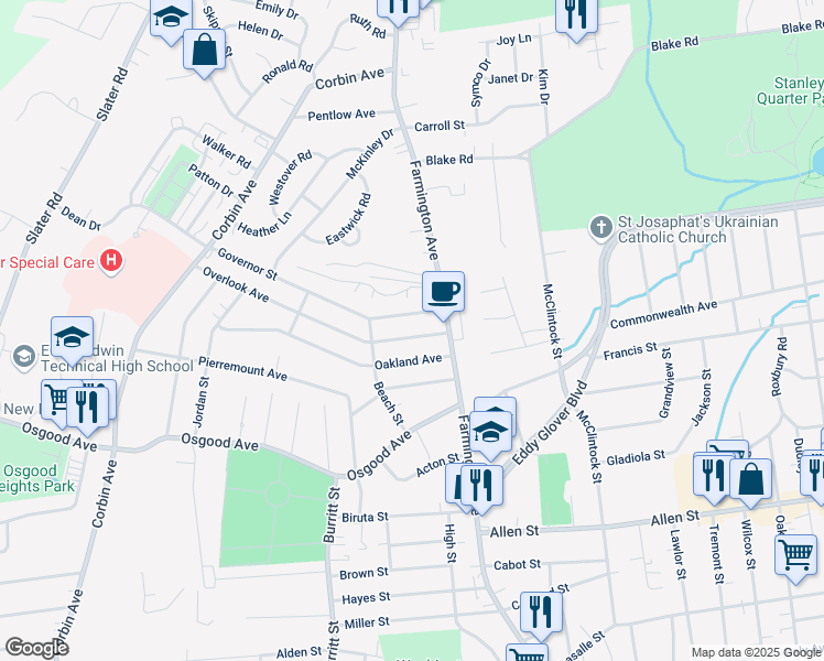 map of restaurants, bars, coffee shops, grocery stores, and more near 30 Governor Street in New Britain