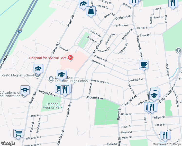 map of restaurants, bars, coffee shops, grocery stores, and more near 132 Jordan Street in New Britain