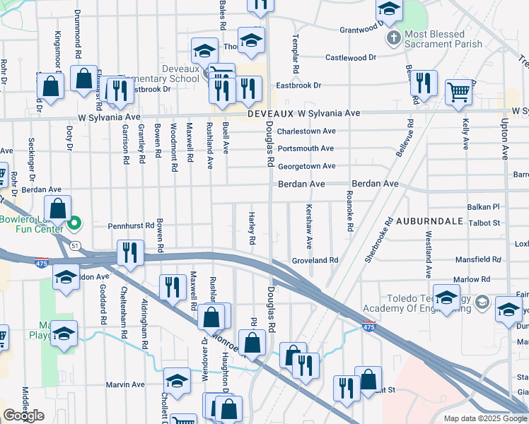 map of restaurants, bars, coffee shops, grocery stores, and more near 2509 Beaufort Avenue in Toledo
