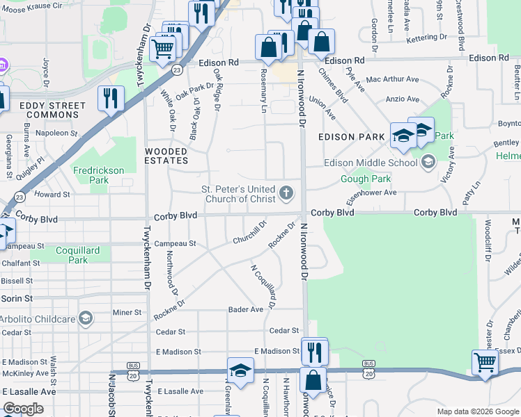 map of restaurants, bars, coffee shops, grocery stores, and more near 2101-2199 Corby Blvd in South Bend