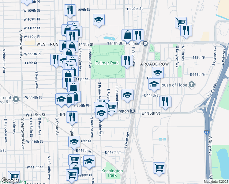 map of restaurants, bars, coffee shops, grocery stores, and more near 11336 South Calumet Avenue in Chicago