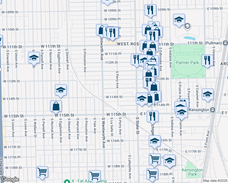 map of restaurants, bars, coffee shops, grocery stores, and more near 66 West 113th Place in Chicago