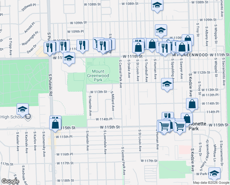 map of restaurants, bars, coffee shops, grocery stores, and more near 11248 South Central Park Avenue in Chicago