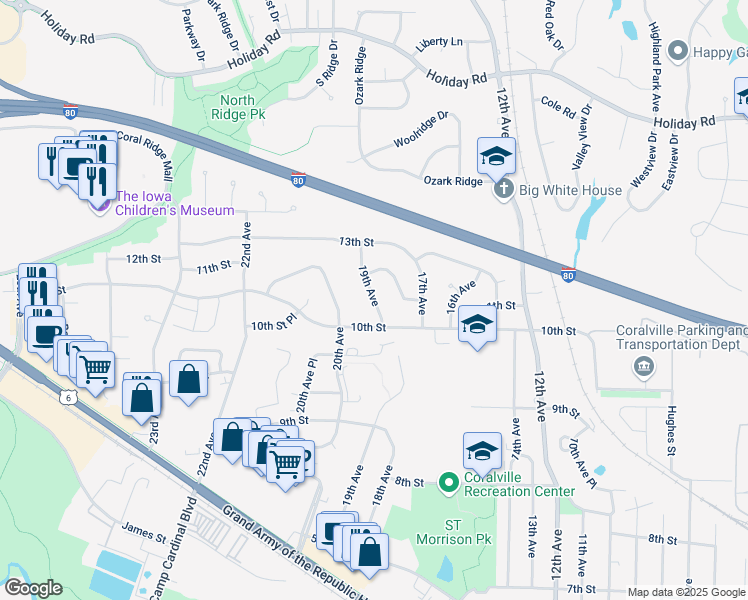 map of restaurants, bars, coffee shops, grocery stores, and more near 1010 19th Avenue in Coralville