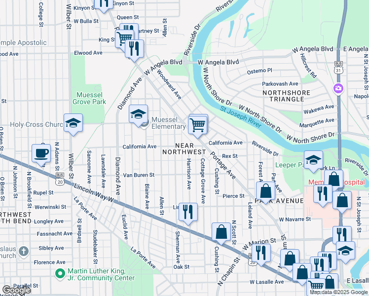 map of restaurants, bars, coffee shops, grocery stores, and more near 1008 California Avenue in South Bend