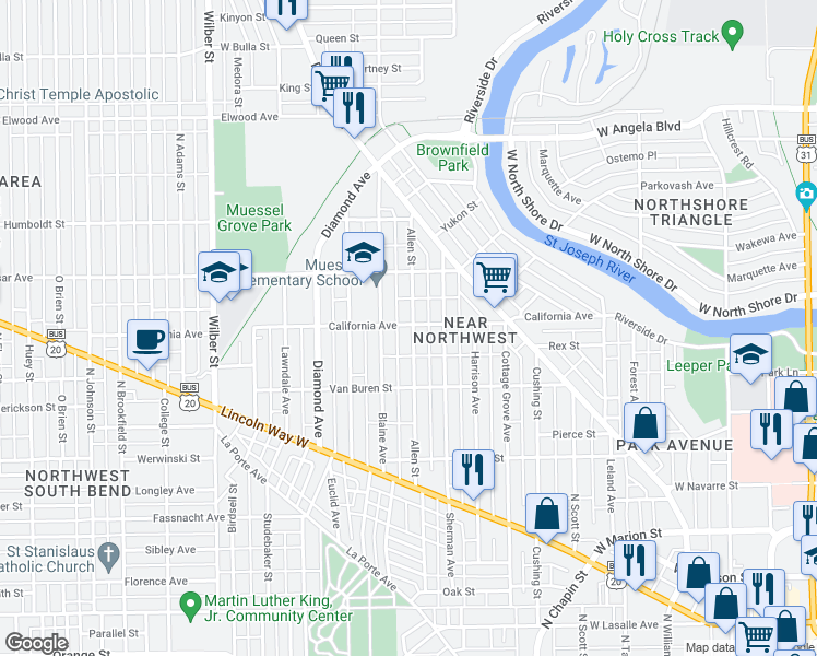 map of restaurants, bars, coffee shops, grocery stores, and more near 923 Allen Street in South Bend
