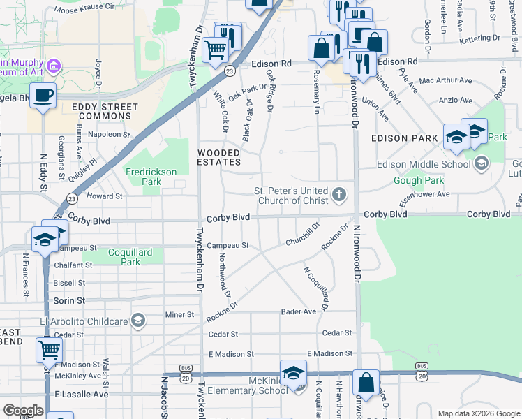 map of restaurants, bars, coffee shops, grocery stores, and more near 1802-1836 Corby Boulevard in South Bend
