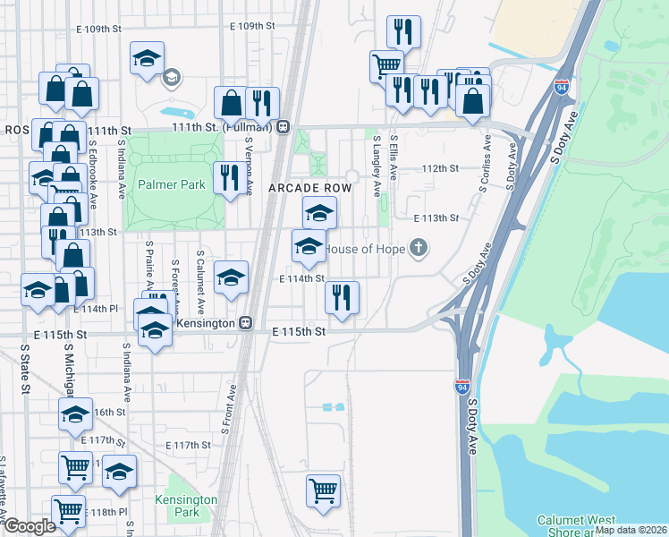 map of restaurants, bars, coffee shops, grocery stores, and more near 11349 South Saint Lawrence Avenue in Chicago