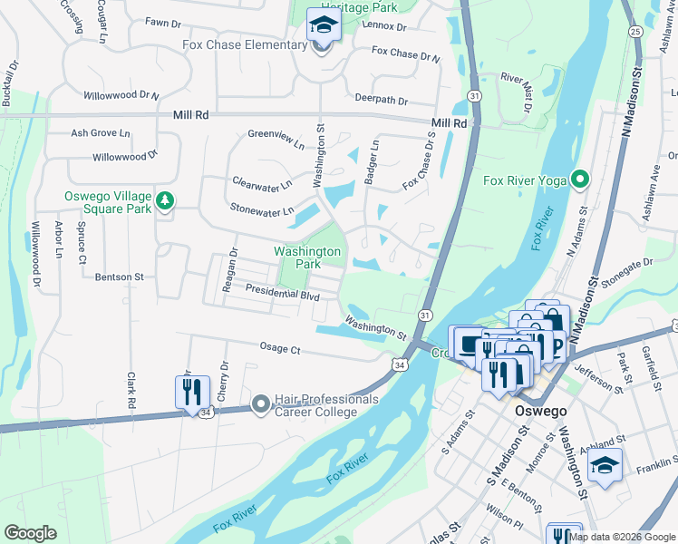 map of restaurants, bars, coffee shops, grocery stores, and more near 263 West Washington Street in Oswego
