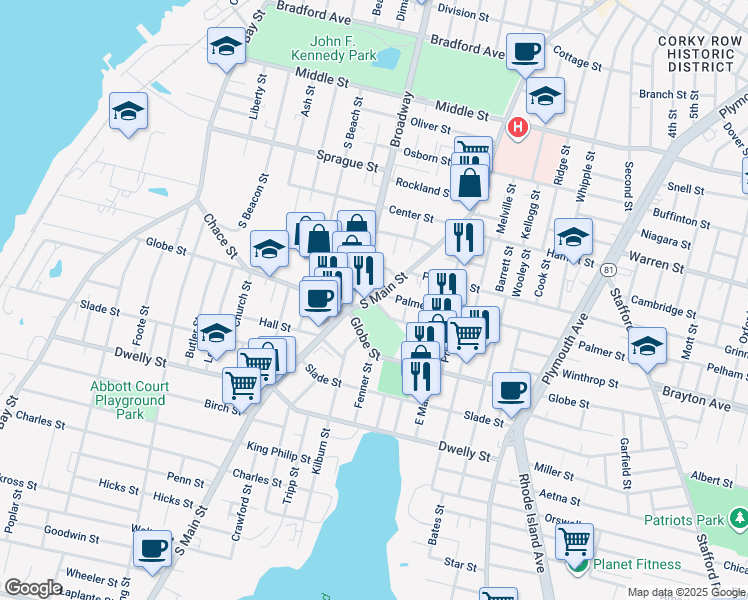 map of restaurants, bars, coffee shops, grocery stores, and more near South Main Street in Fall River