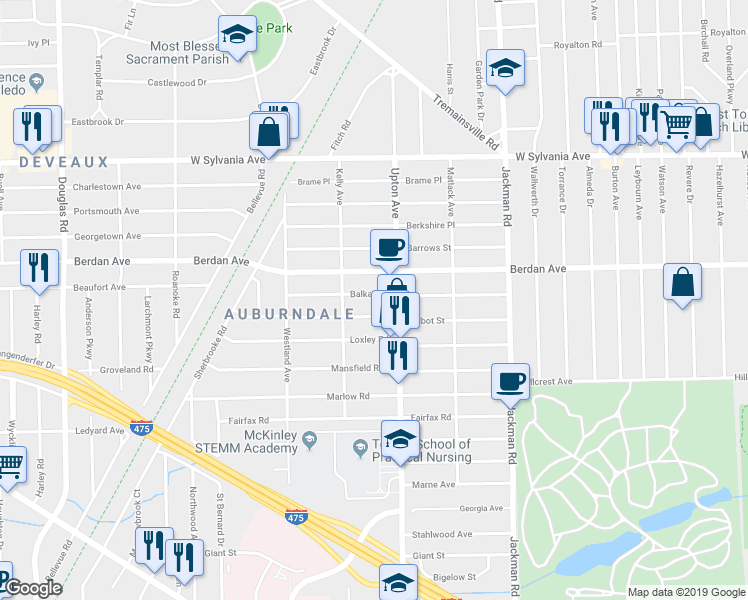map of restaurants, bars, coffee shops, grocery stores, and more near 1925 Balkan Place in Toledo