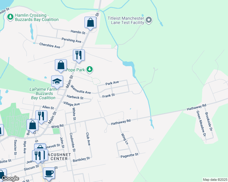 map of restaurants, bars, coffee shops, grocery stores, and more near 76 Wamsutta Avenue in Acushnet