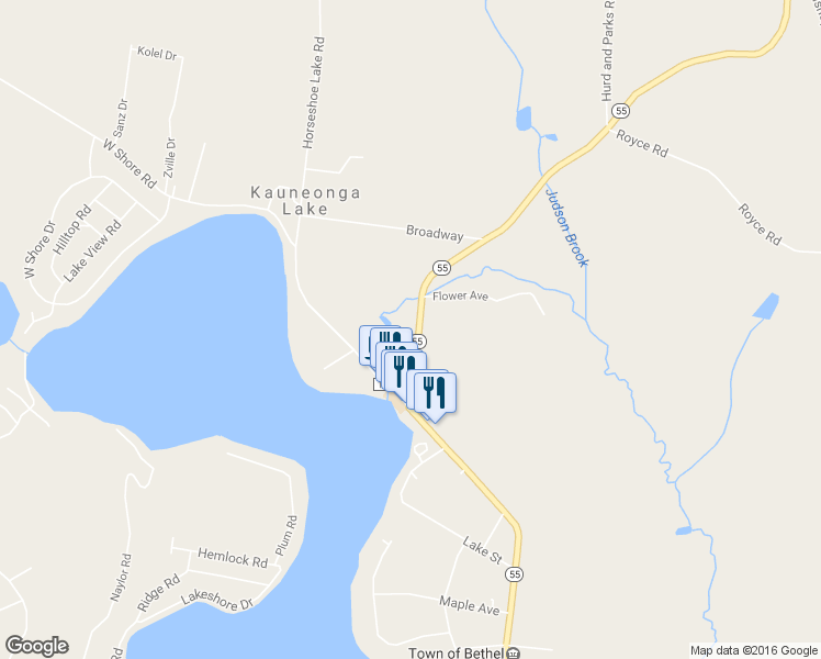 map of restaurants, bars, coffee shops, grocery stores, and more near 3613 Highway 55 in Kauneonga Lake