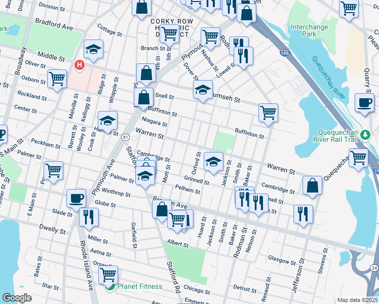 map of restaurants, bars, coffee shops, grocery stores, and more near 456 Coggeshall Street in Fall River