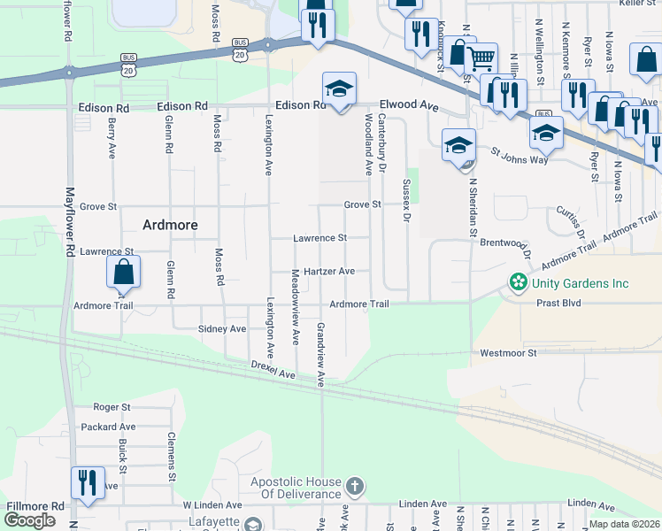 map of restaurants, bars, coffee shops, grocery stores, and more near 55356-55442 Grandview Avenue in South Bend
