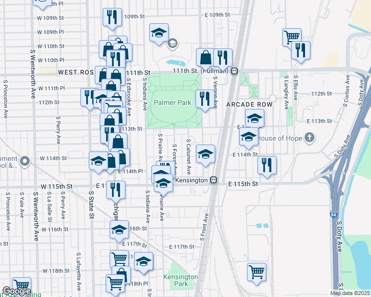 map of restaurants, bars, coffee shops, grocery stores, and more near 11344 South Calumet Avenue in Chicago