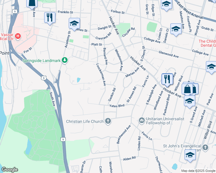 map of restaurants, bars, coffee shops, grocery stores, and more near 38 Lockerman Avenue in Poughkeepsie
