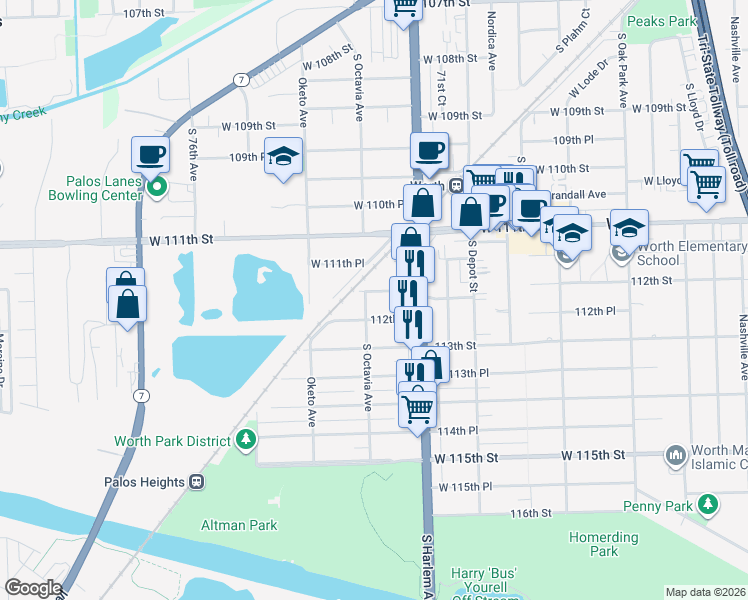 map of restaurants, bars, coffee shops, grocery stores, and more near 11201 South Octavia Avenue in Worth