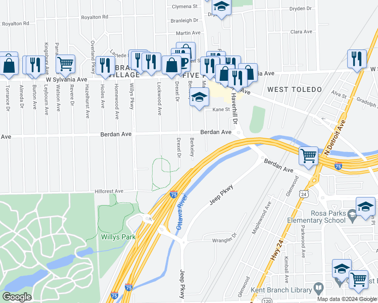 map of restaurants, bars, coffee shops, grocery stores, and more near 3627 Berkeley in Toledo