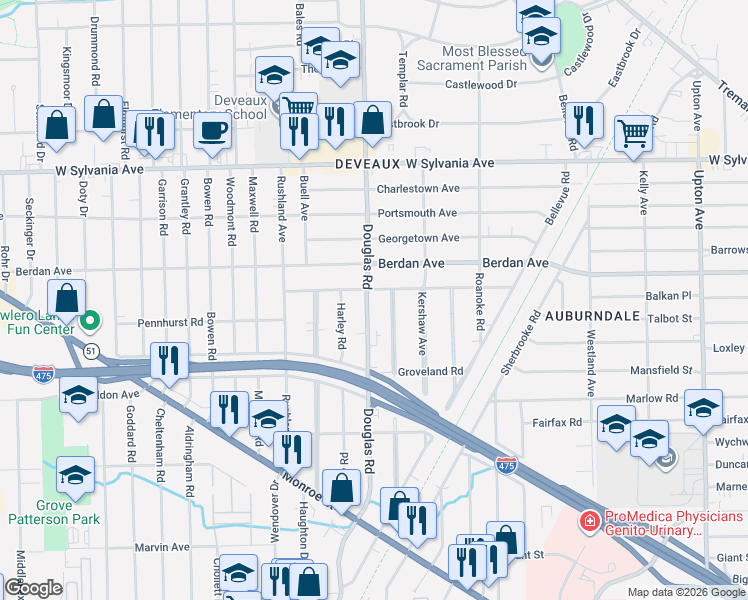 map of restaurants, bars, coffee shops, grocery stores, and more near 2509 Beaufort Avenue in Toledo