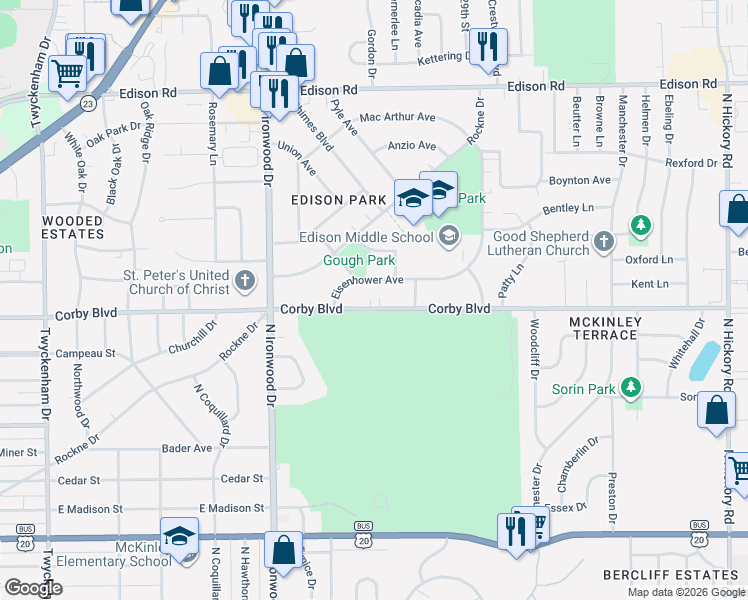 map of restaurants, bars, coffee shops, grocery stores, and more near 2417 Corby Boulevard in South Bend