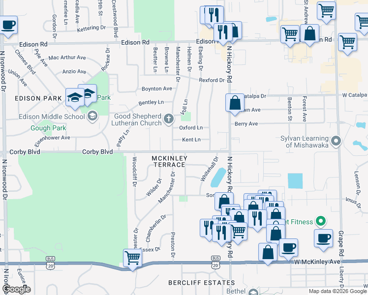 map of restaurants, bars, coffee shops, grocery stores, and more near 3313 Corby Boulevard in South Bend