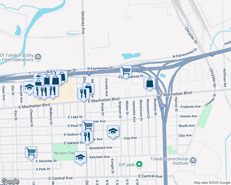 map of restaurants, bars, coffee shops, grocery stores, and more near 1111 East Manhattan Boulevard in Toledo