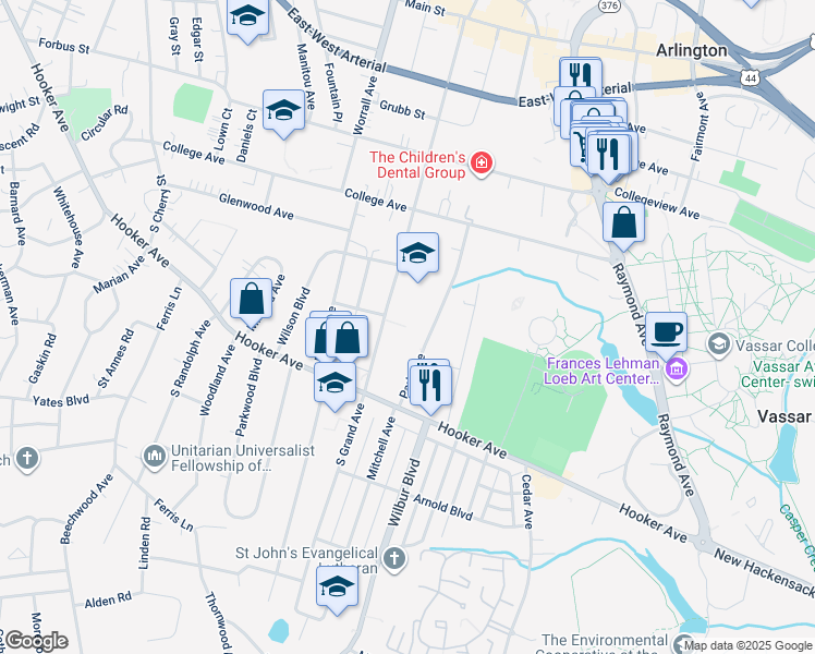 map of restaurants, bars, coffee shops, grocery stores, and more near 118 Grand Avenue in Poughkeepsie