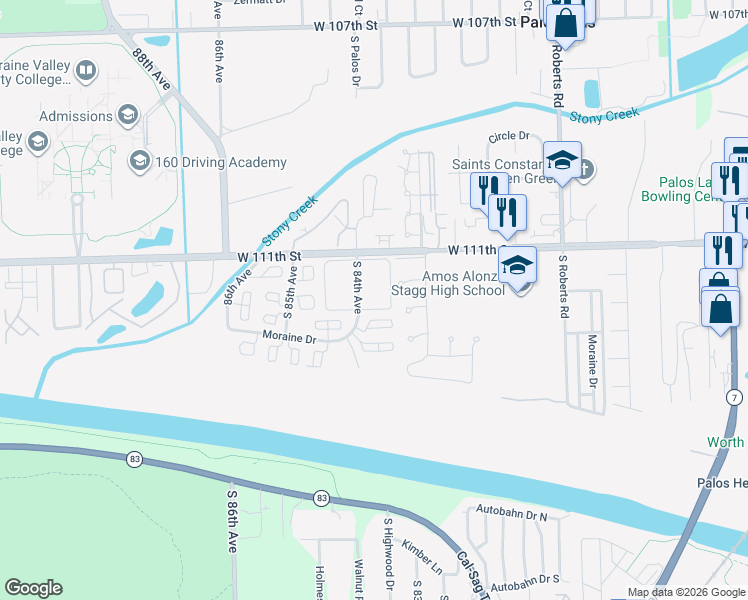 map of restaurants, bars, coffee shops, grocery stores, and more near 11129 South 84th Avenue in Palos Hills