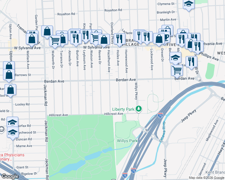 map of restaurants, bars, coffee shops, grocery stores, and more near 3703 Hazelhurst Avenue in Toledo