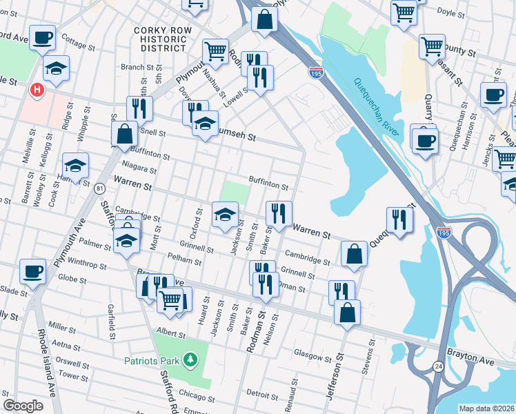 map of restaurants, bars, coffee shops, grocery stores, and more near 62 Smith Street in Fall River
