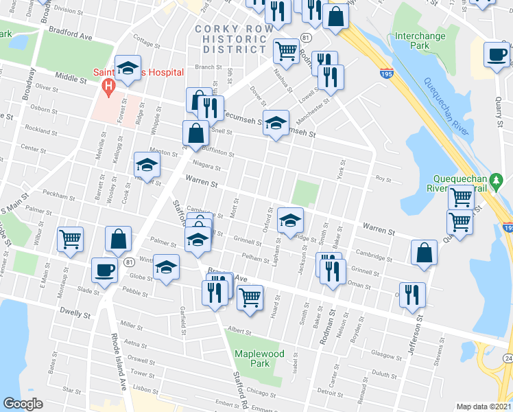 map of restaurants, bars, coffee shops, grocery stores, and more near 303 Warren Street in Fall River