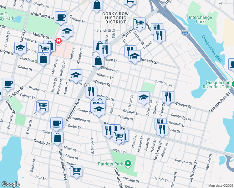 map of restaurants, bars, coffee shops, grocery stores, and more near 132 Mott Street in Fall River