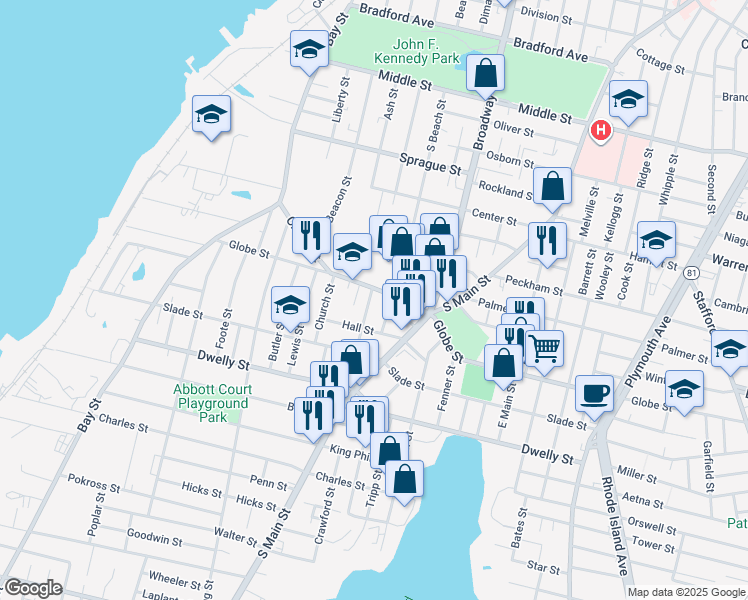 map of restaurants, bars, coffee shops, grocery stores, and more near 395 Globe Street in Fall River
