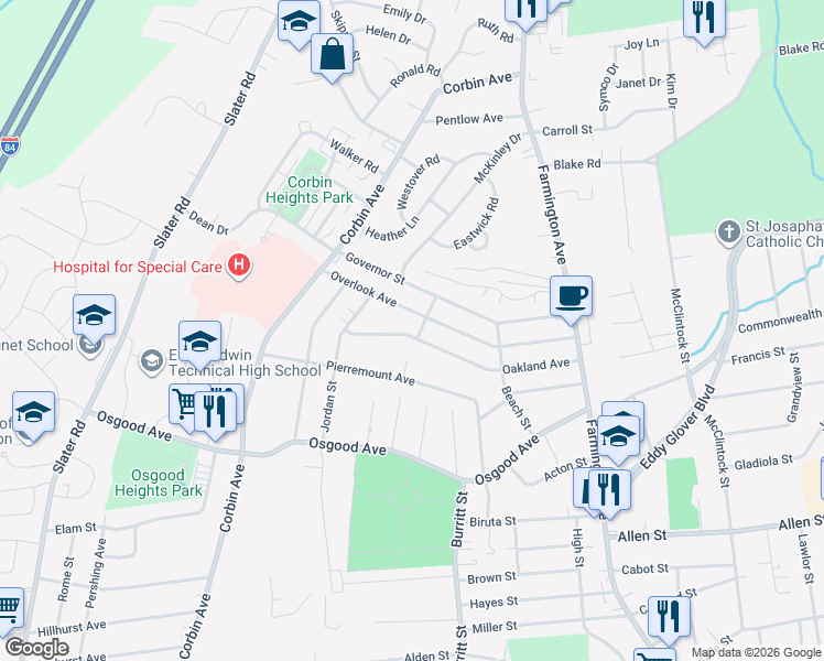 map of restaurants, bars, coffee shops, grocery stores, and more near 17 Selander Street in New Britain