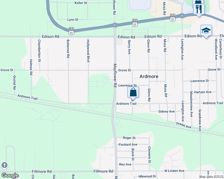 map of restaurants, bars, coffee shops, grocery stores, and more near 55432 Hollywood Boulevard in South Bend