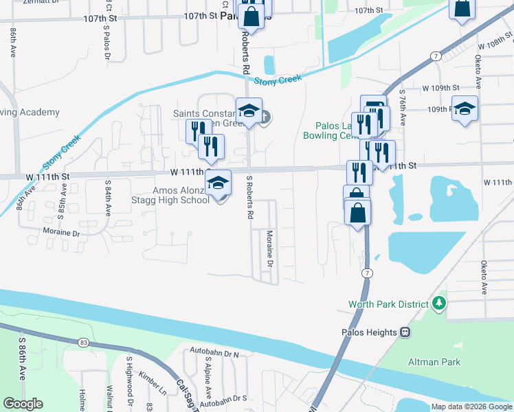map of restaurants, bars, coffee shops, grocery stores, and more near 11180 Moraine Drive in Palos Hills