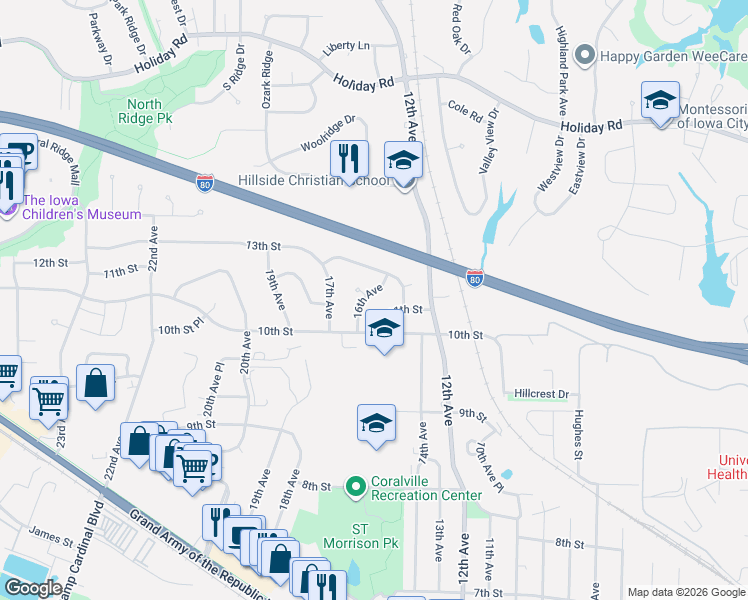 map of restaurants, bars, coffee shops, grocery stores, and more near 1011 16th Ave in Coralville