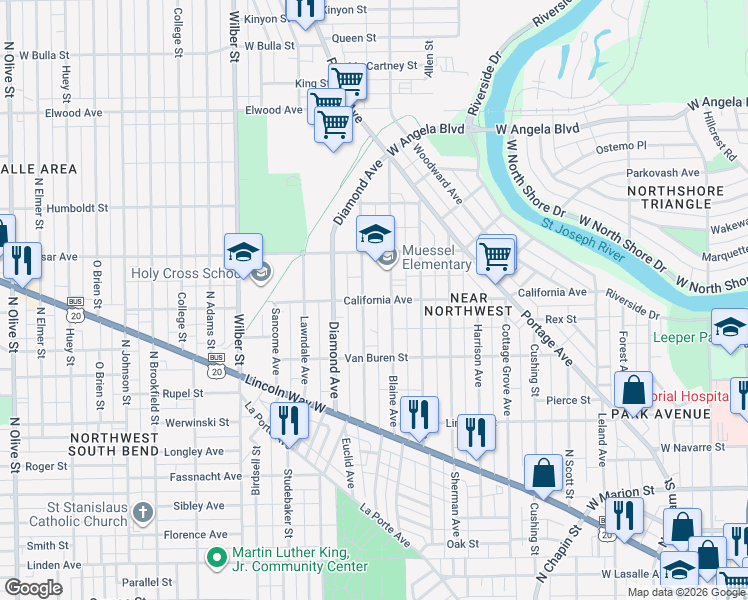 map of restaurants, bars, coffee shops, grocery stores, and more near 1212 California Ave in South Bend