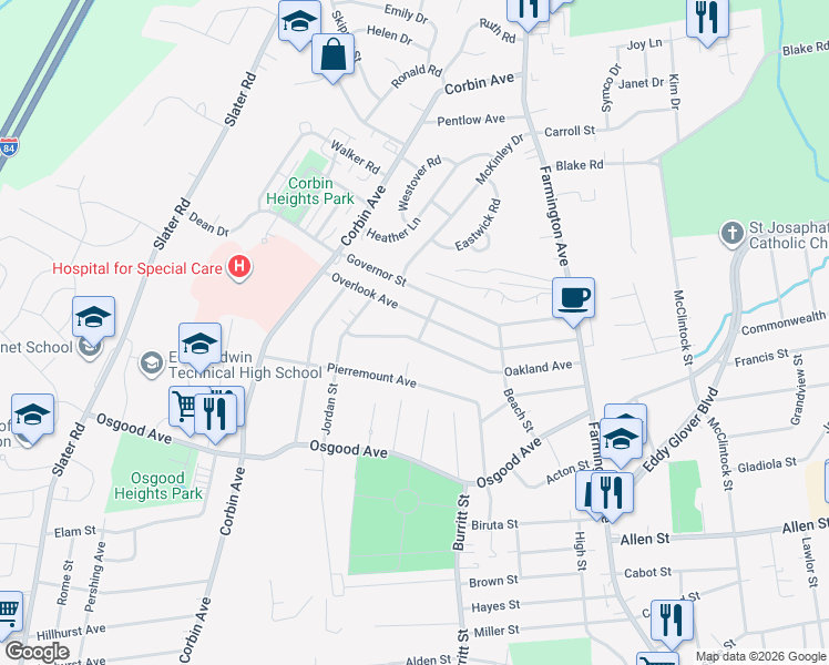 map of restaurants, bars, coffee shops, grocery stores, and more near 17 Selander Street in New Britain