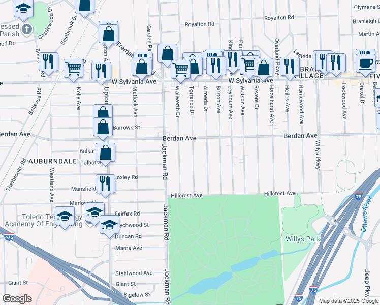 map of restaurants, bars, coffee shops, grocery stores, and more near 3706 Wallwerth Drive in Toledo