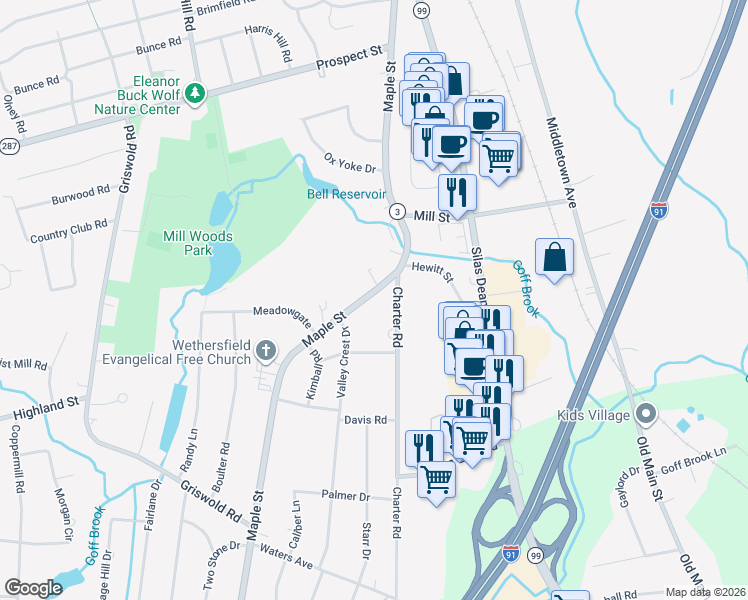 map of restaurants, bars, coffee shops, grocery stores, and more near 402 Connecticut 3 in Wethersfield