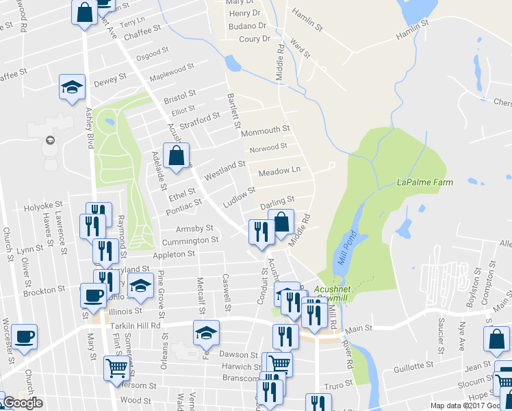 map of restaurants, bars, coffee shops, grocery stores, and more near 965 Darling Street in New Bedford